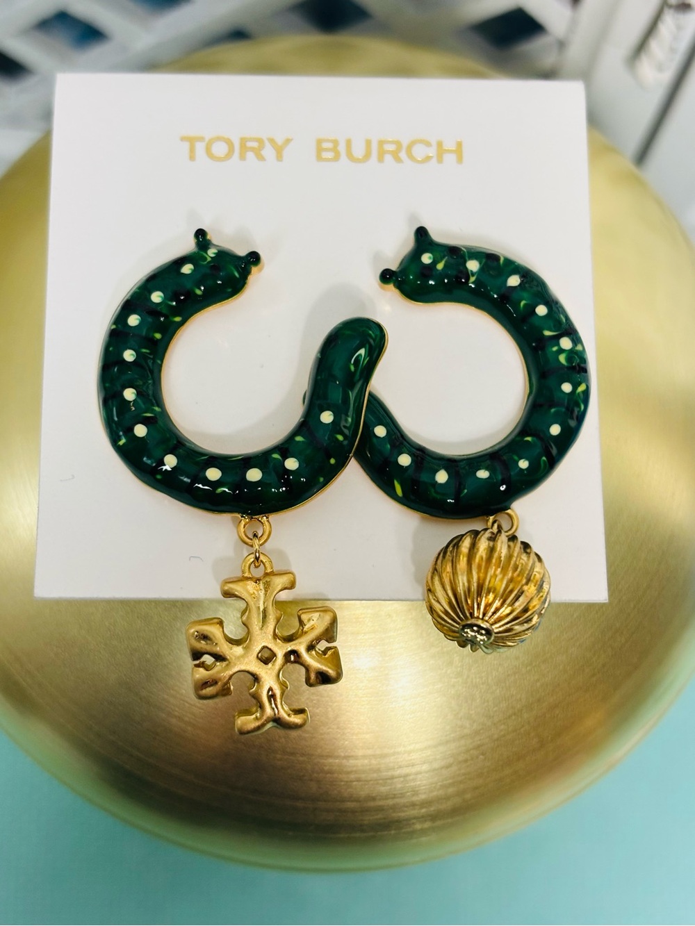 Tory Burch Green Enamel Snails Shaped Earrings with Gold Charms. New on card. - Picture 2 of 5